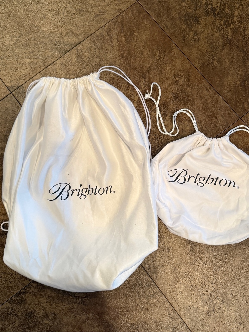 2 BRIGHTON White Drawstring Dust Bags  Large 18”Lx21” W & Small 10”Lx13”W